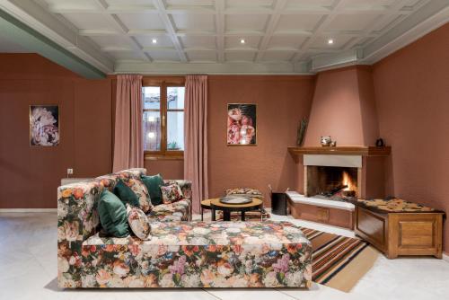 阿拉霍瓦Paeonia Arachova的带沙发和壁炉的客厅