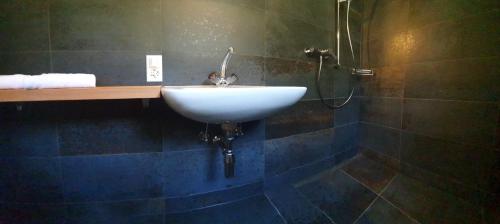 OlivoneCuore Alpino的浴室配有白色水槽和淋浴。