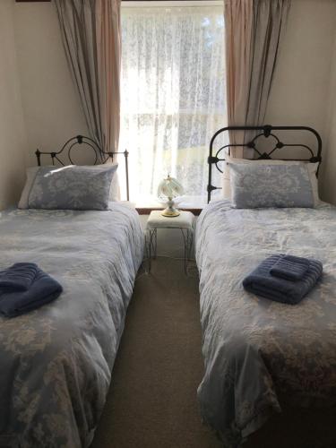 圣阿诺Tophouse Historical Inn Bed and breakfast的一间卧室设有两张床和窗户。