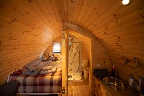 罗伊桥Highland & Transylvania Glamping Pods的小木屋内的卧室配有一张床和水槽