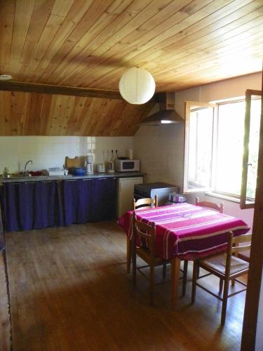 Thiviersgite 2-6 personne en Périgord的厨房配有一张桌子,上面有紫色的桌布
