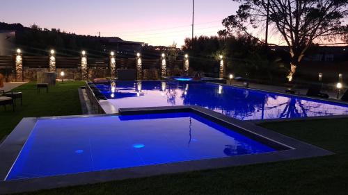 卡特罗斯Orion Eco Suites的夜间蓝色海水的大型游泳池