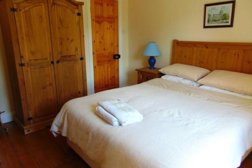 利默里克Sporting Lodge Shanagolden的卧室配有2条白色毛巾。