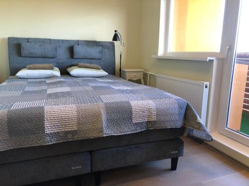 哈普萨卢Apelsini apartment的一间卧室配有一张带毯子的床和窗户