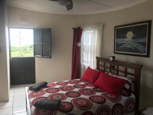 斯科特堡Oceanic的一间卧室配有一张带红色枕头的床和一扇窗户