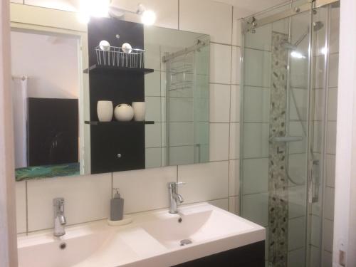 马赛La Calanq'Aise的一间带水槽、镜子和淋浴的浴室