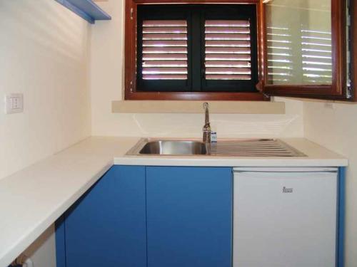 斯蓬加诺Residence la Vallona的厨房配有蓝色橱柜、水槽和窗户。