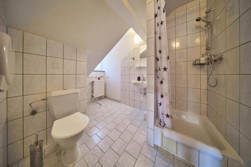 派克波特斯耐兹库Pension Říp的浴室配有卫生间、浴缸和水槽。