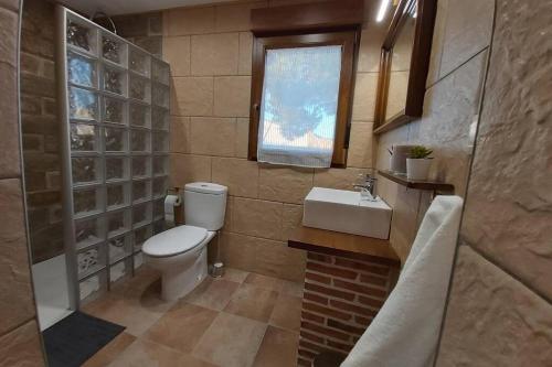 塞哥维亚La Morada de los Olmos的一间带卫生间、水槽和窗户的浴室