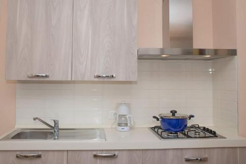 斯特雷萨帕拉佐托公寓的厨房配有水槽和炉灶上的锅