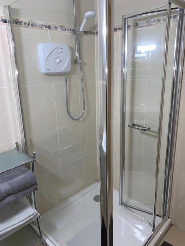 拉腊Sliabh Amharc的浴室里设有玻璃门淋浴