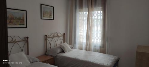 萨洛apartamento Anais的一间卧室设有两张床和窗户。