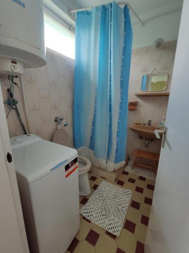 鲍洛通凯赖斯图尔Vitorlás Haus的浴室设有卫生间和蓝色的浴帘。