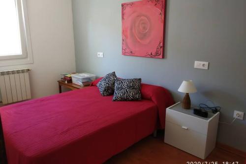 维戈Piso con aparcamiento cerca de playa Samil的卧室内的一张红色的床和两个枕头