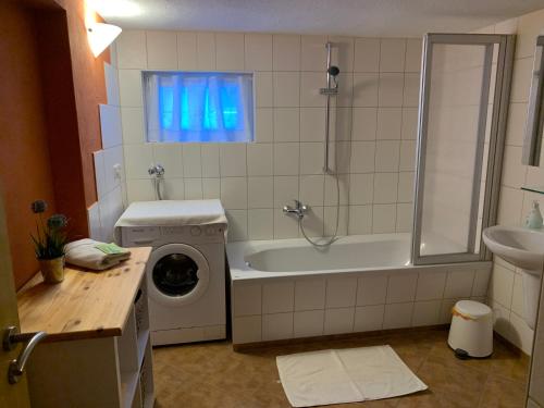 HainewaldePiccola Casa的浴室配有洗衣机和浴缸。