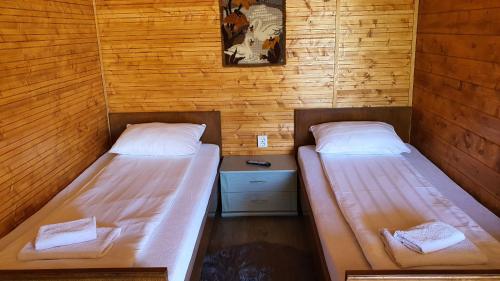 GorneaLa Podul Gornii的木墙客房的两张床