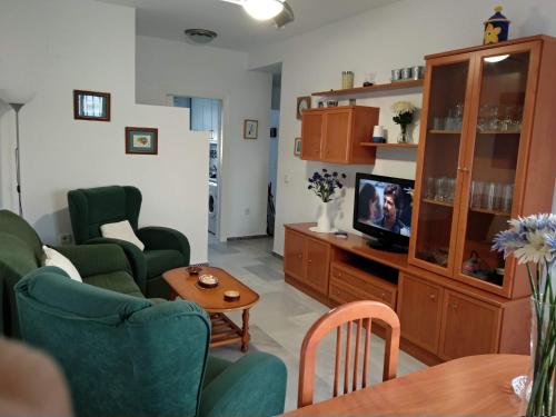 诺沃桑克蒂佩特里Apartamento vacacional máximo 4 personas的客厅配有两把绿色椅子和电视