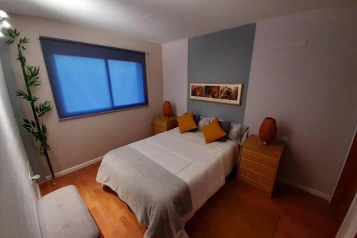 Barranco GrandeApartamento moderno Timanfaya的一间卧室设有一张大床和一个窗户。