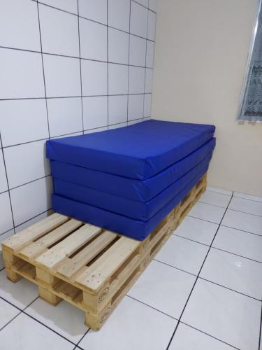 圣保罗Apartamento Beira Mar - Vila Guilhermina的两个蓝色枕头坐在一个房间里长凳上