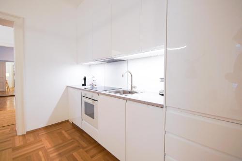 格拉茨Apartment Congress Graz的白色的厨房配有白色橱柜和水槽