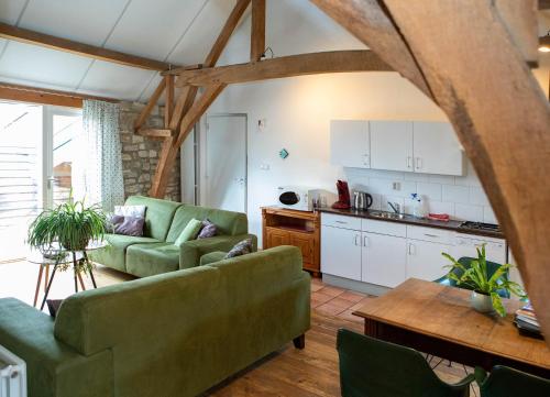 辛佩尔费尔德Holiday Homes Gillishof的一间带两张绿色沙发的客厅和一间厨房