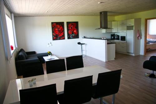 莱斯Gydensgaard ferielejligheder på Læsø的厨房以及带桌椅的起居室。