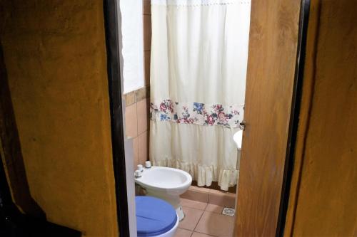 波特雷里约斯Kpriccio Cabanas的一间带卫生间和淋浴帘的浴室