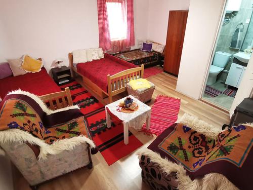 Rogljevo"Pivnica i smestaj Jovanovic"- Rogljevacke pivnice的客厅配有两张沙发和一张桌子