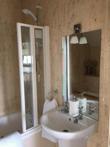 瓦伦西亚岛No.21 Sandpiper's Nest Apartment的浴室配有盥洗盆、镜子和浴缸