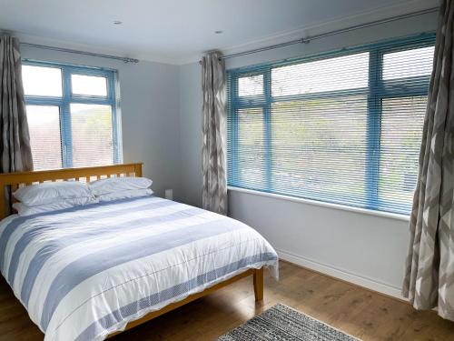 Gorran HavenSunnyVale Valley View Cottage的一间卧室设有一张床和两个窗户。