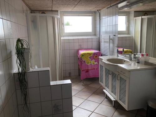 StavsøHennebjerg overnatning的一间带水槽和窗户的小浴室