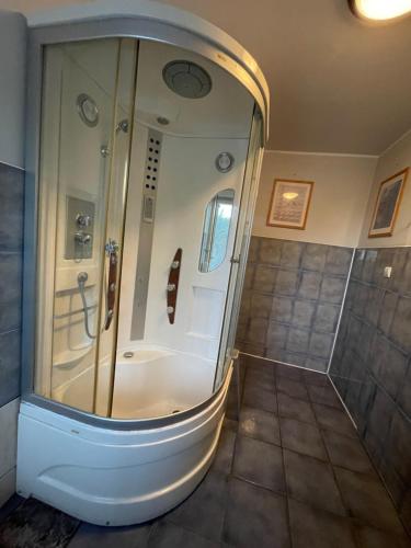博尔斯克Duży dom dla 16 osób的一间带大镜子的浴室内的大型淋浴