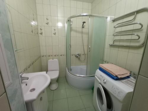 戈里亚奇克柳奇2х комнатная квартира на аллее сосен的一间带水槽、卫生间和淋浴的浴室