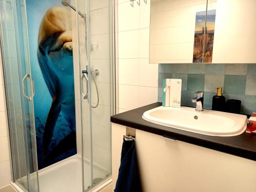 布兰肯贝赫CITY PREMIUM Studio Suite的带淋浴、盥洗盆和淋浴的浴室