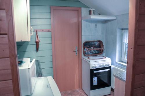 安娜贝格-布赫霍尔茨Ferienhaus Oertel的厨房设有粉红色的门和炉灶