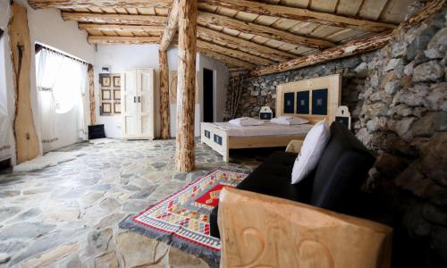 米奥修德萨斯Odai din Plai的客厅设有一张石墙床