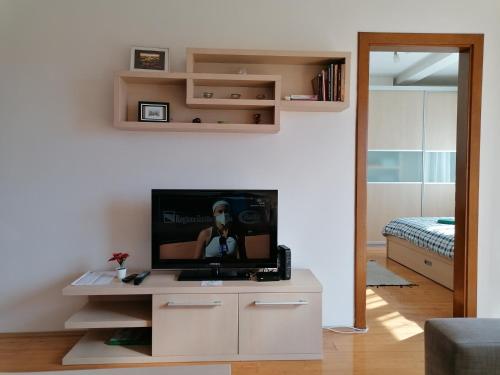 克鲁舍瓦茨Apartman Breza的客厅配有台面上的平面电视