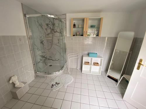 施维洛塞Ferienhaus Marianne的带淋浴的浴室和瓷砖地板。