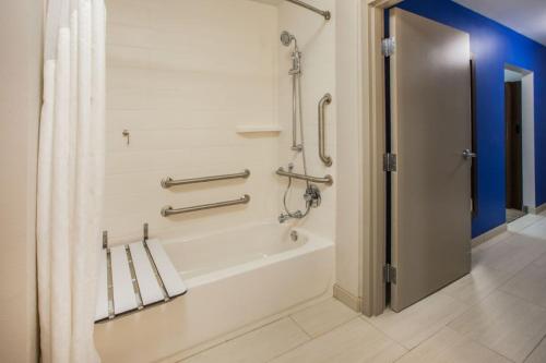 普利茅斯Holiday Inn Express - Minneapolis West - Plymouth, an IHG Hotel的带浴缸和淋浴帘的浴室