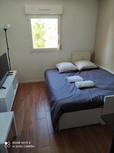 普罗旺斯艾克斯Charmant studio avec piscine et clim (en été)的一间卧室配有带两个枕头的床和窗户