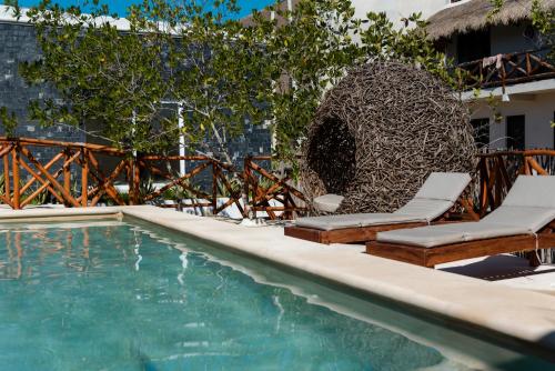 奥尔沃克斯岛Sanyama Holbox的一个带2把躺椅的游泳池和一个喷泉