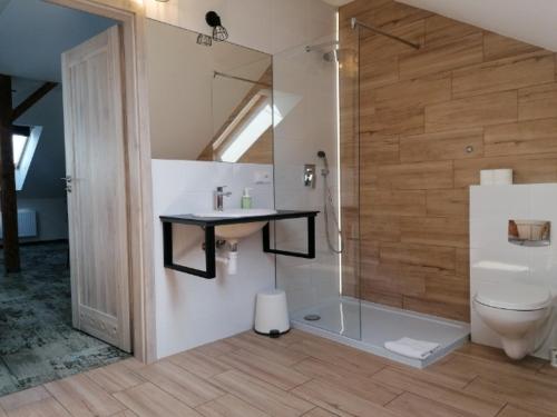 奥尔什丁SmartRooms的带淋浴、盥洗盆和卫生间的浴室