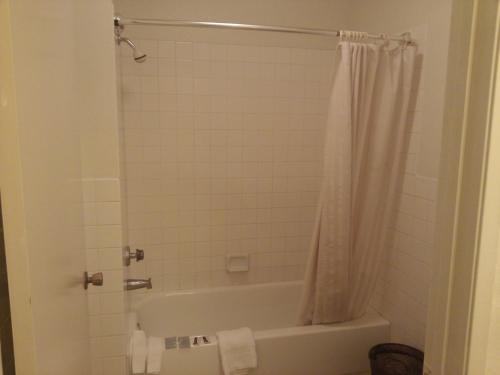 科维纳Evergreen Inn的带浴缸和淋浴帘的浴室