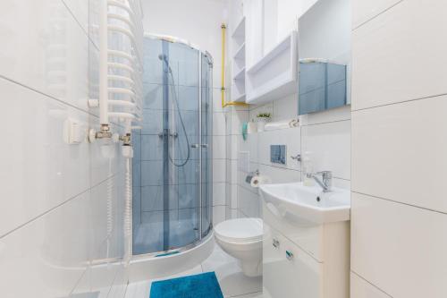 乌斯特卡Pod Muralem - Apartamenty Little Heaven的带淋浴、卫生间和盥洗盆的浴室