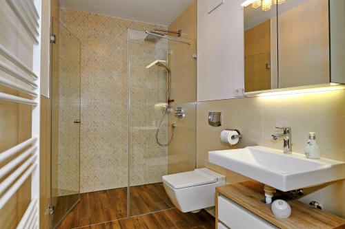 海利根达姆Linden-Palais Wohnung 25的一间带水槽、淋浴和卫生间的浴室