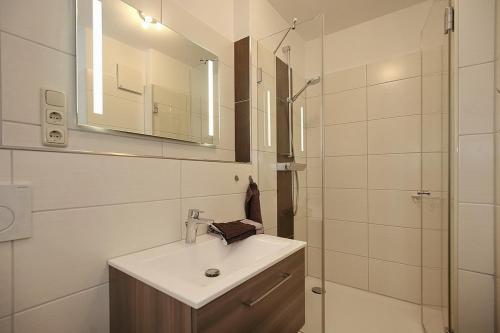 博尔滕哈根Dünenblick Wohnung 10的浴室配有盥洗盆和带镜子的淋浴