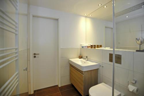 海利根达姆Linden-Palais Wohnung 08的一间带水槽、卫生间和镜子的浴室
