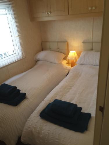 斯凯格内斯Annandale skegness的带窗户的客房内设有两张单人床。