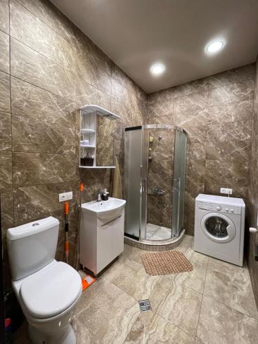 第比利斯Melikishvili str. apartment的一间带卫生间和淋浴的浴室