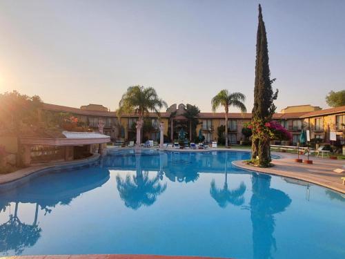 阿瓜斯卡连特斯哈深达德拉诺里亚大酒店的一座棕榈树大型游泳池和一座建筑